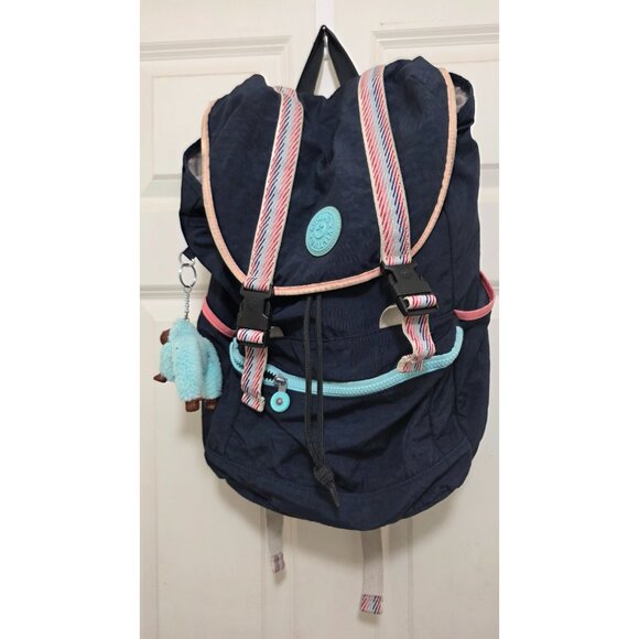 Kipling Navy Blue Backpack With Pink & Aqua Straps Front Pocket Keychain Accesso - Picture 1 of 7